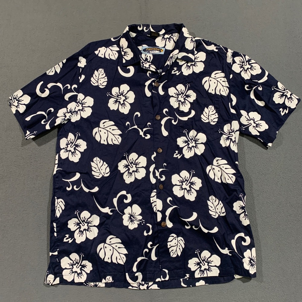 Palmwave Mens Hawaiian Shirt Large Navy Blue White Floral Hibiscus Cotton Aloha
